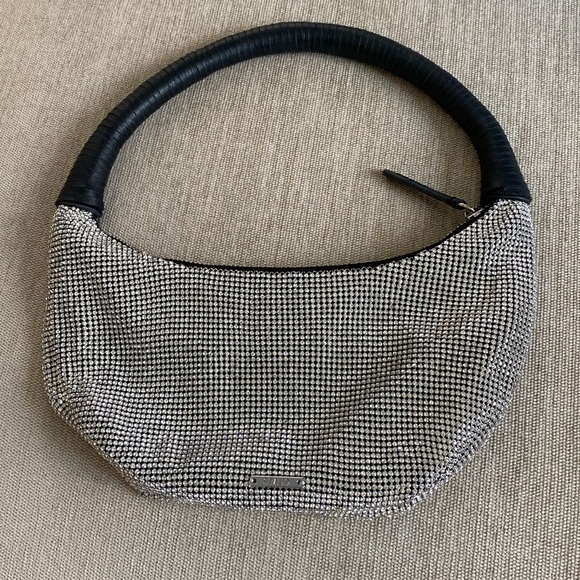 Staud Pepper Crystal Embellished Mini Moon Shoulder Bag Black Silver - Picture 3 of 14